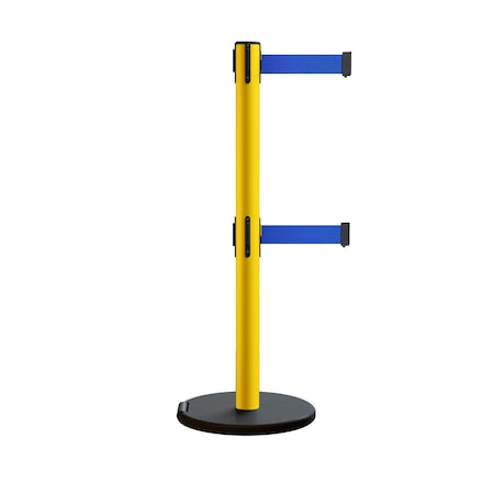 Montour Line Retractable Double Belt Rolling Stanchion, Blue, 11 ft Length, 2.5 ft Post Height P400DRL-YW-BL-110